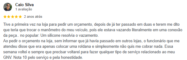 Avaliação 5 estrelas do Caio Silva no Google Reviews sobre manômetro e serviço de qualidade do Posto 13
