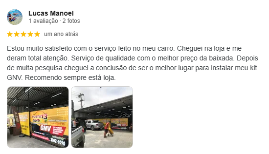 Avaliação 5 estrelas do Lucas Manoel no Google Reviews sobre instalação de GNV no Posto 13